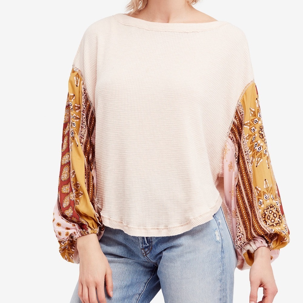 Free People We The Free Blossom Printed Balloon-Sleeve Thermal Sweater